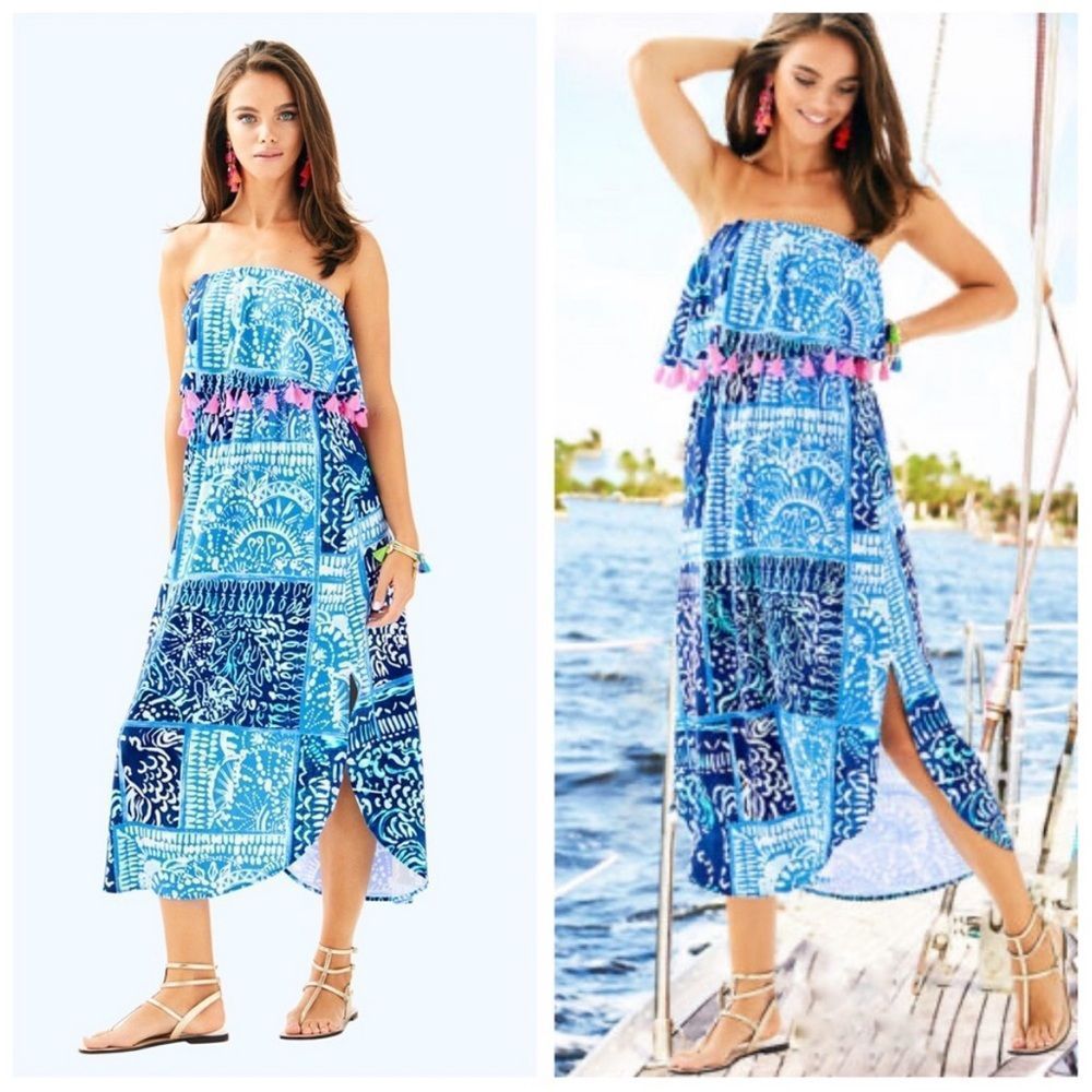 Lily Pulitzer Meridian Strapless Midi Dress, pink tassels and Ruffle, size small